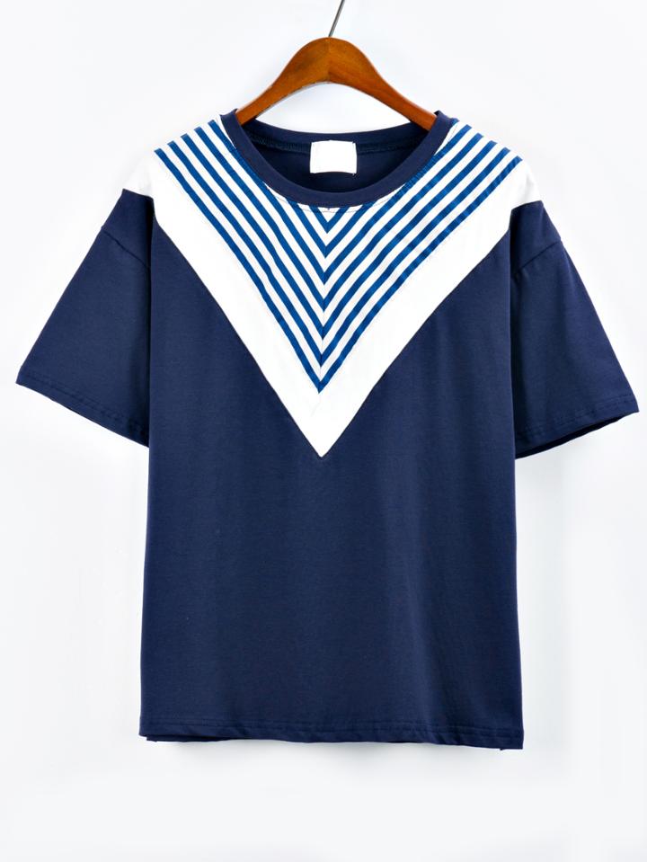 Shein Chevron Striped Print T-shirt - Blue
