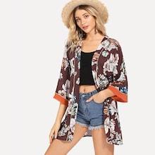 Shein Contrast Cuff Floral Kimono