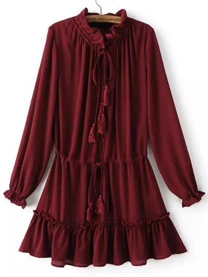 Shein Red Frill Neck Lace Up Pleated Dress