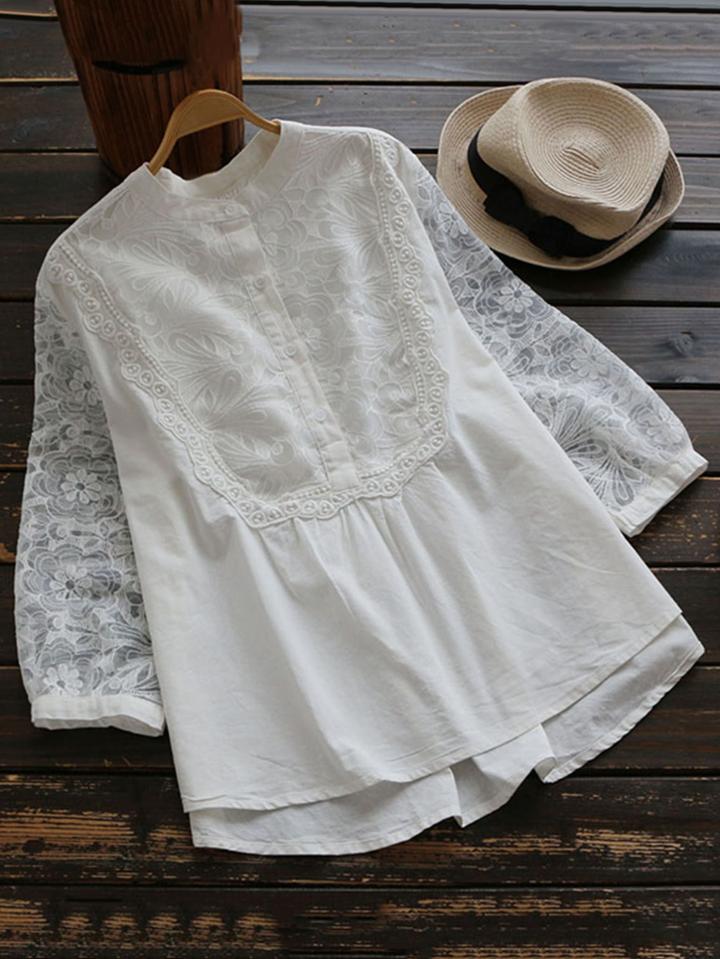 Shein Embroidered Mesh Yoke And Sleeve Half Placket Blouse