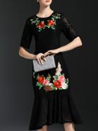 Shein Black Flowers Embroidered Fishtail Lace Dress