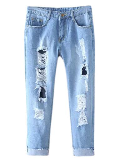 Shein Blue Ripped Hole Slim Denim Pants