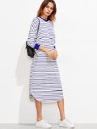 Shein Blue And White Striped Drop Shoulder Curved Hem Dress