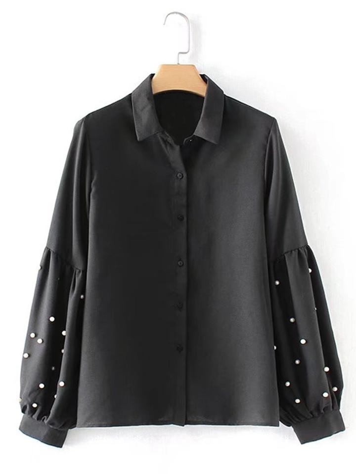 Shein Faux Pearl Embellished Lantern Sleeve Blouse