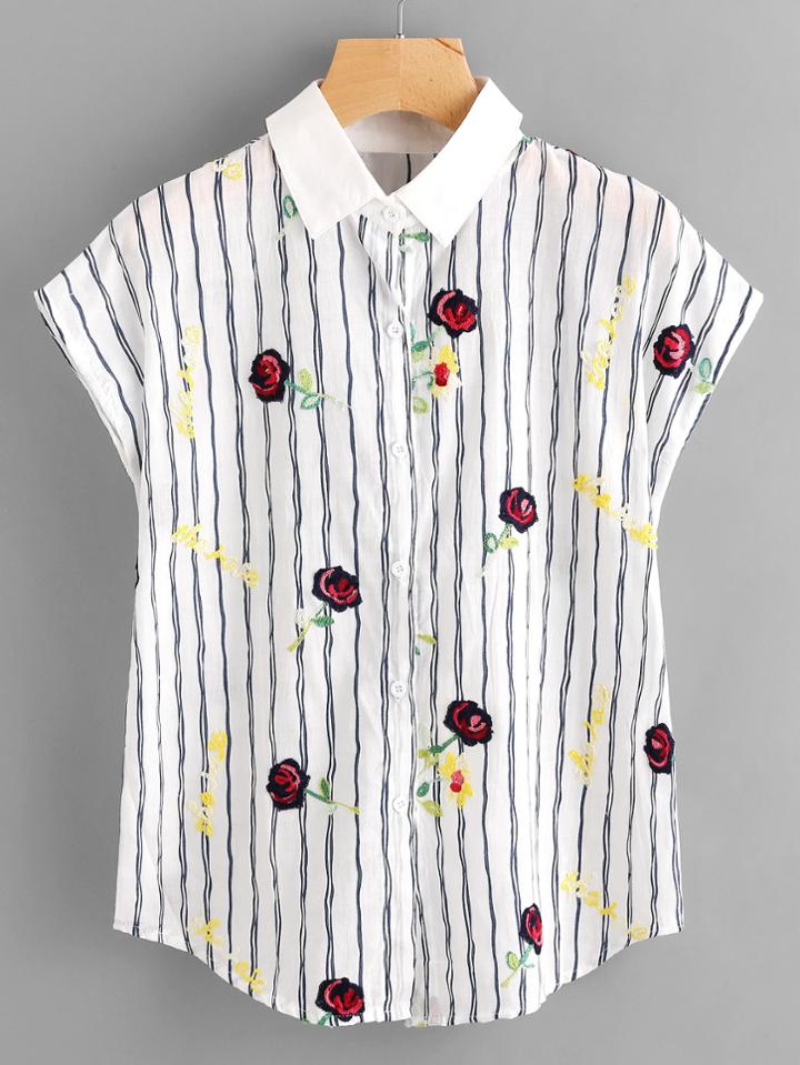 Shein 3d Crochet Appliques Vertical Striped Shirt