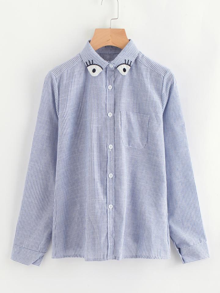 Shein Vertical Striped Cartoon Embroidery Shirt