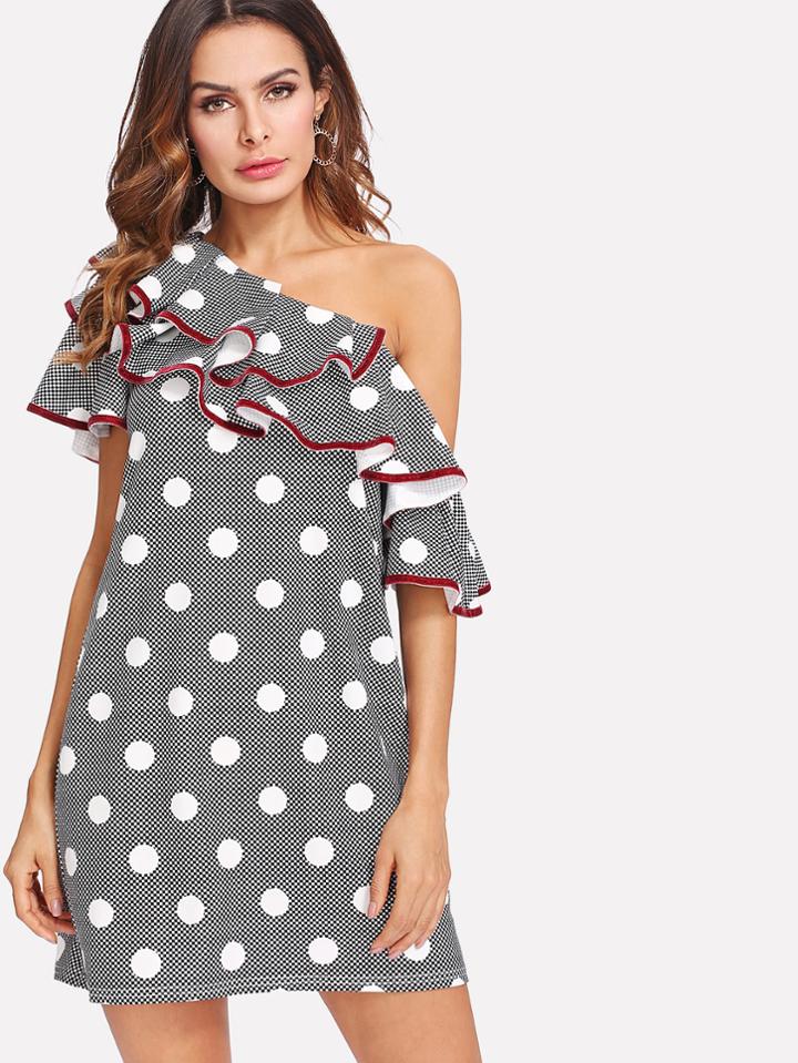 Shein Contrast Binding Layered Asymmetric Shoulder Dress