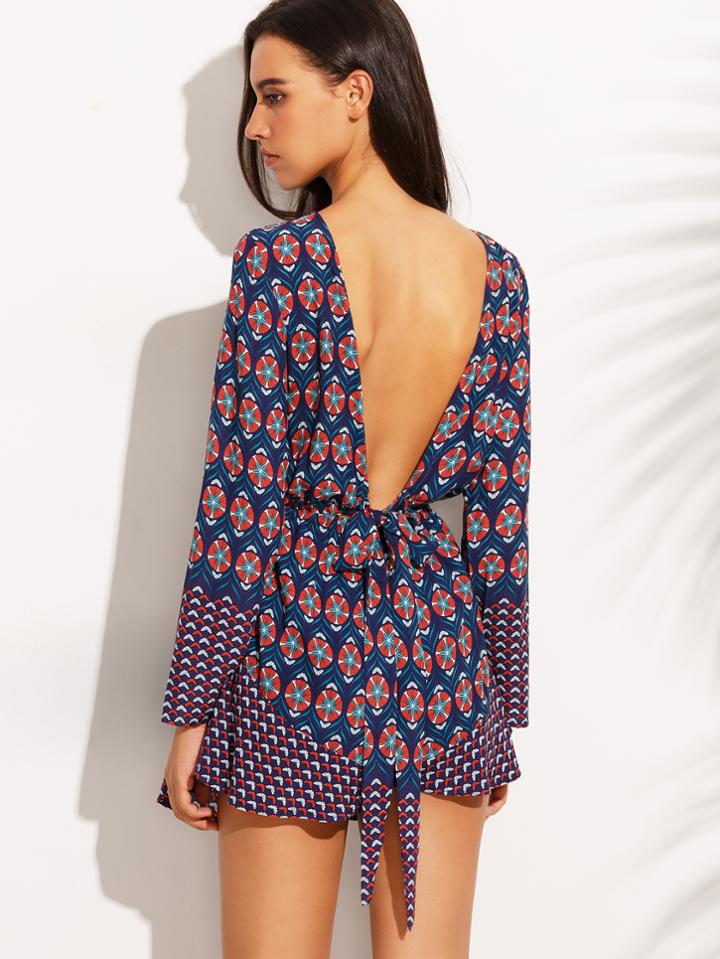 Shein Multicolor Print Crew Neck Backless Long Sleeve Jumpsuit