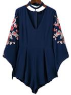 Shein Royal Blue Flower Embroidery Choker Neck Romper