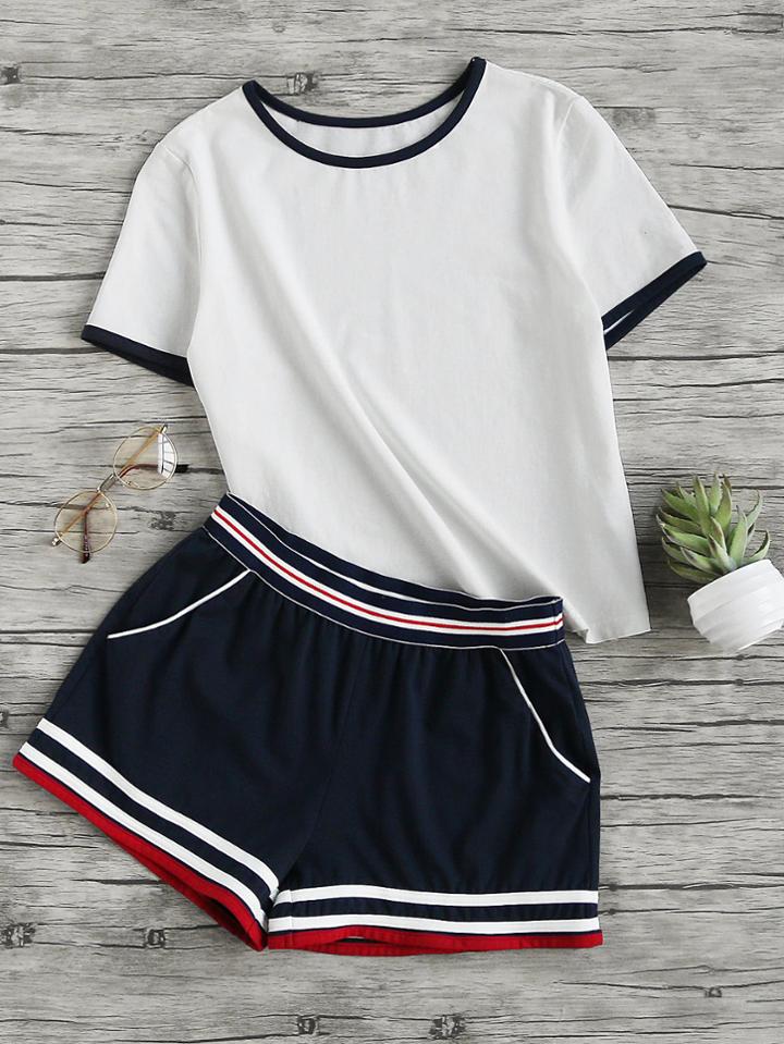 Shein Ringer Tee And Striped Waist Binding Shorts Set