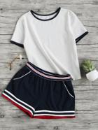 Shein Ringer Tee And Striped Waist Binding Shorts Set
