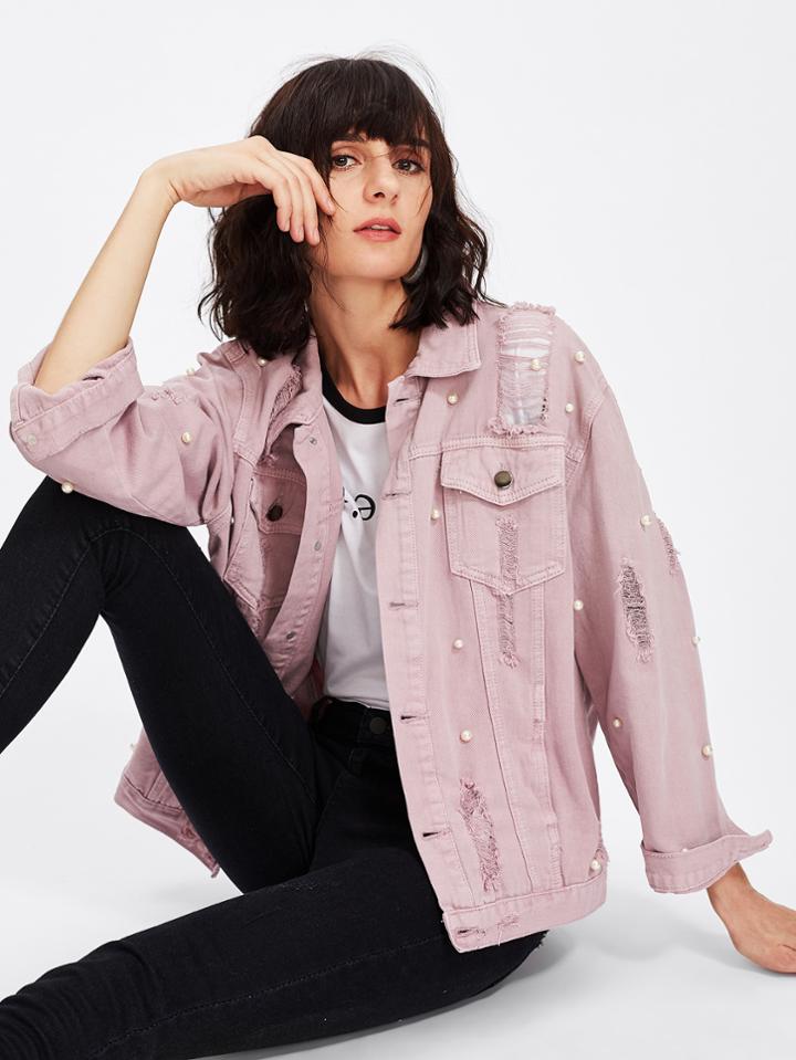 Shein Pearl Beaded Ripped Raw Cut Trim Jacket