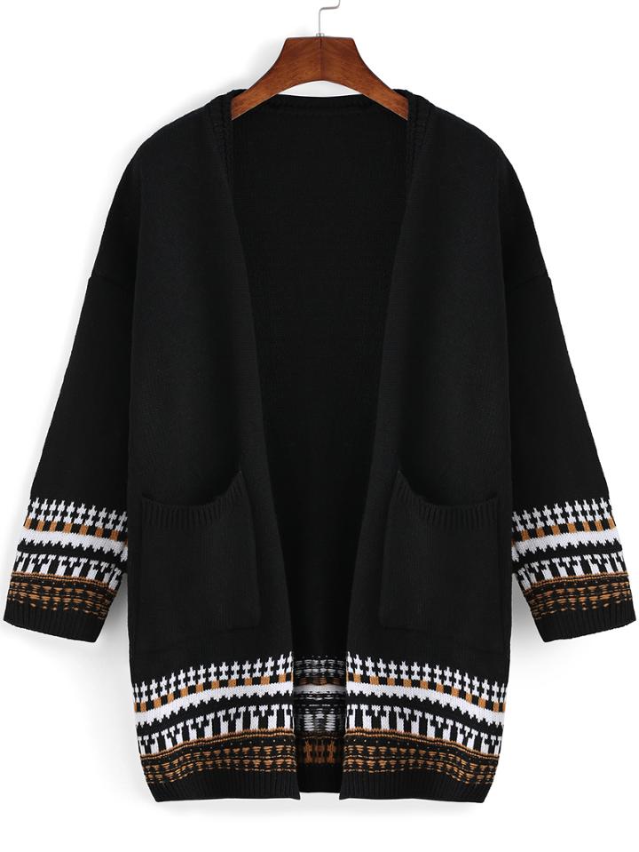 Shein Black Long Sleeve Geometric Print Pockets Sweater