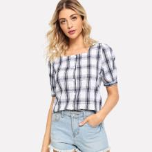 Shein Tartan Plaid Button Front Blouse