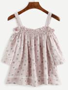 Shein Pink Daisy Print Lace Insert Shirred Cold Shoulder Top