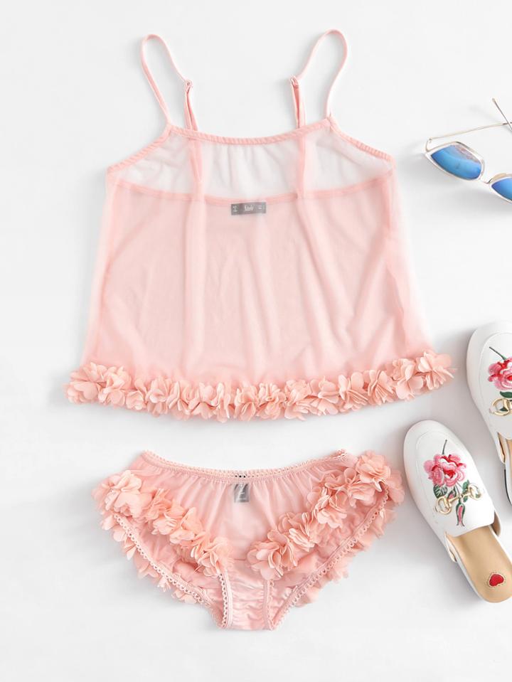 Shein Flower Applique Mesh Cami Top And Panty Pajama Set