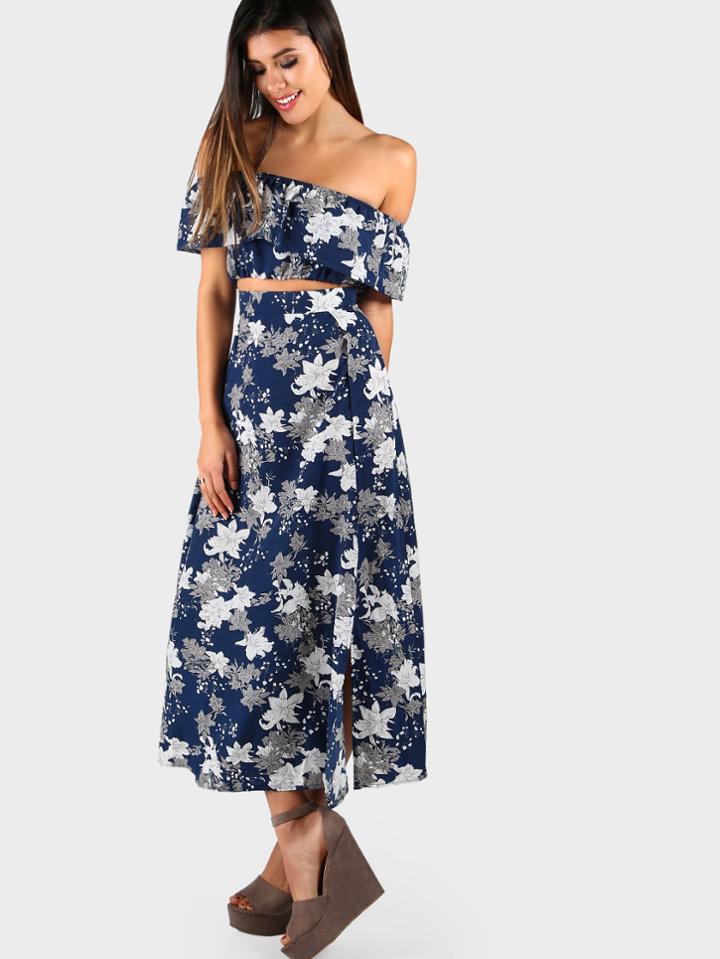 Shein Flower Print Crop Frill Top And High Slit Skirt Set