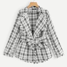 Shein Frayed Trim Belted Plaid Tweed Blazer