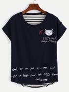 Shein Cat Print Striped Back T-shirt - Navy