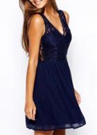 Rosewe Fabulous Sleeveless Lace Splicing Navy A Line Dress