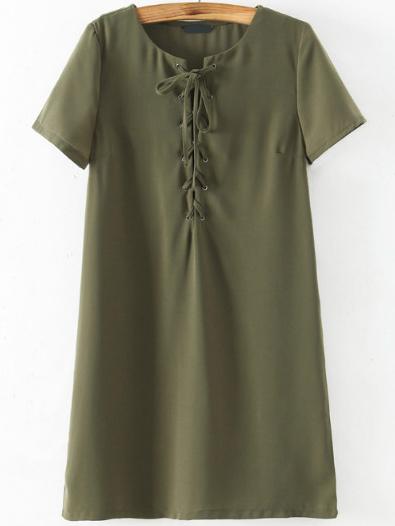 Shein Green Short Sleeve Lace Up Dress