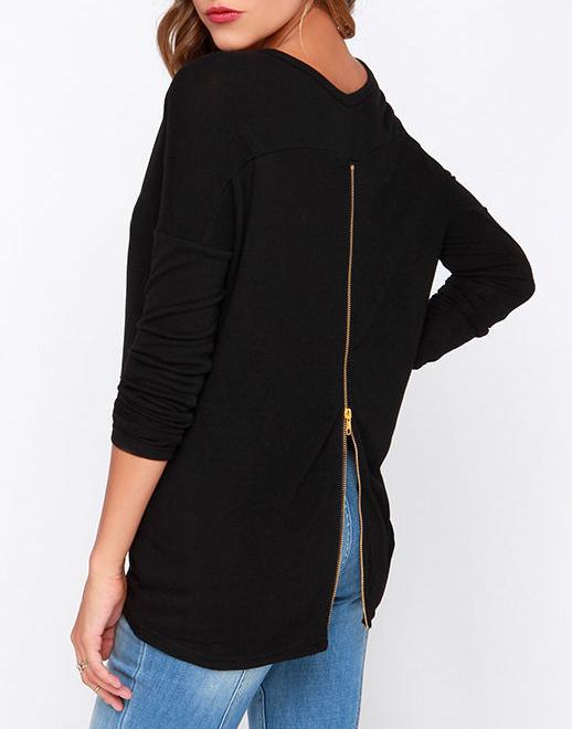 Shein Black Long Sleeve Back Zipper T-shirt