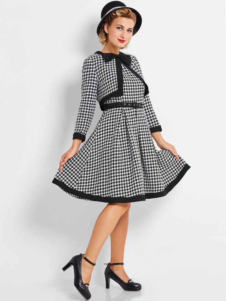 Shein Bow Neck Waist Tie Houndstooth Two Piece Dress