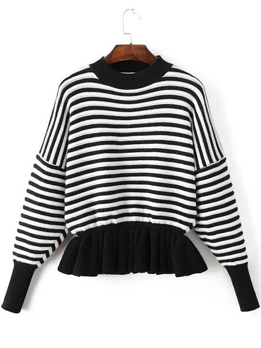 Shein Black Striped Crew Neck Peplum Sweater