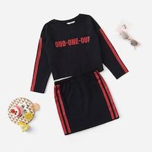 Shein Girls Letter Print Striped Top & Skirt Set