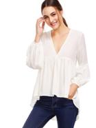 Shein Ivory V Neck High Low Blouse