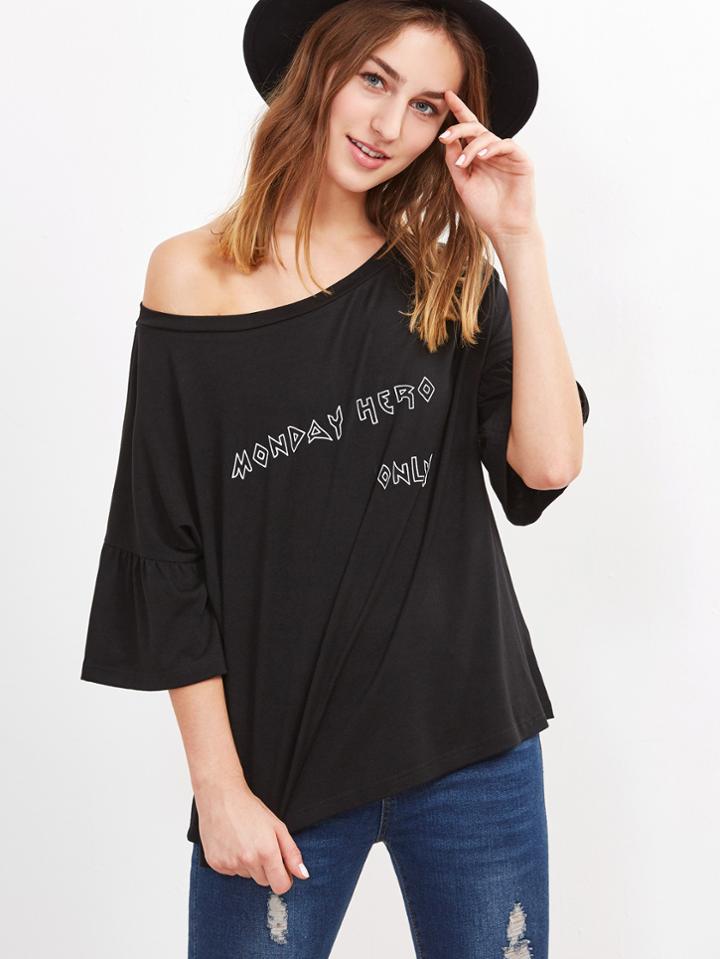 Shein Black Letter Print Ruffle Sleeve Boxy T-shirt