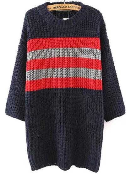 Shein Navy Round Neck Striped Chunky Sweater