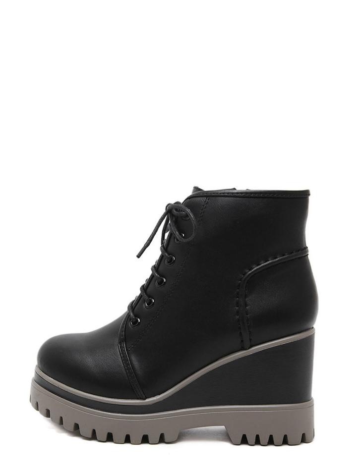 Shein Black Round Toe Lace-up Wedge Ankle Boots