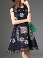 Shein Navy Flowers Embroidered Jacquard A-line Dress