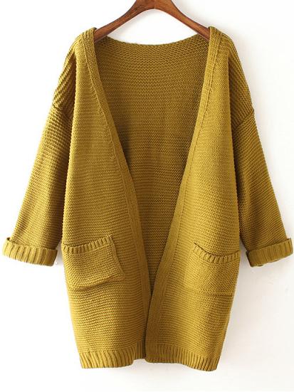 Shein Yellow Long Sleeve Pockets Knit Loose Cardigan