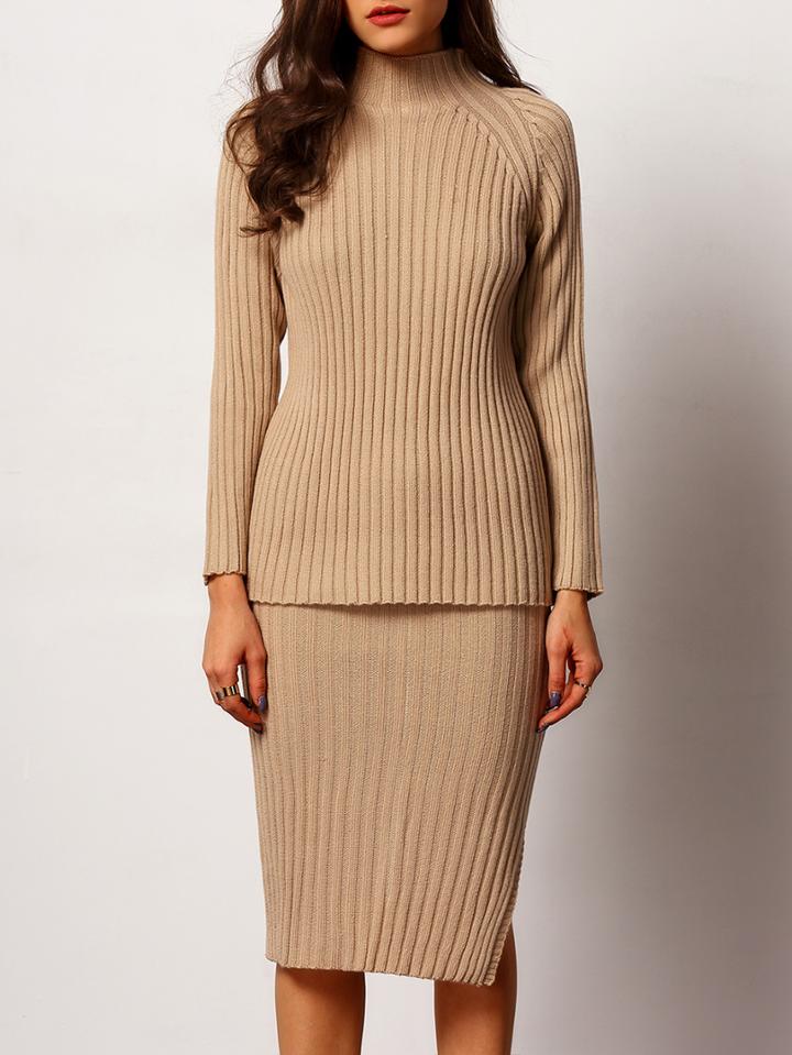 Shein Apricot Turtle Neck Rib Knitwear With Split Skirt