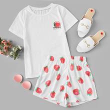 Shein Strawberry Print Tee With Shorts