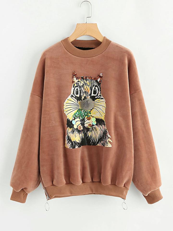 Shein Squirrel Print Side Zipper Velvet Sweatshirt