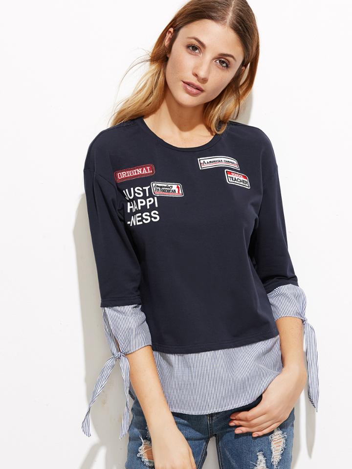 Shein Striped Hem Tie Sleeve T-shirt With Patch Detail