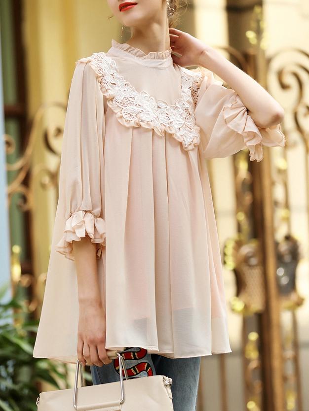 Shein Pink Contrast Crochet Bell Sleeve Blouse