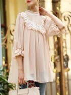 Shein Pink Contrast Crochet Bell Sleeve Blouse