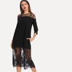 Shein Flower Lace Insert Scallop Trim Pocket Side Dress