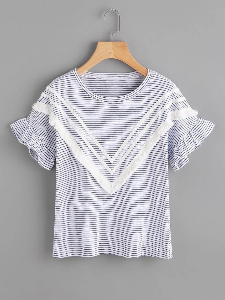 Shein Contrast Fringe Trim Frill Cuff Striped Tee