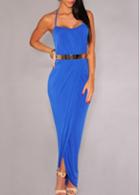 Rosewe Halter Neck Solid Blue Maxi Dress