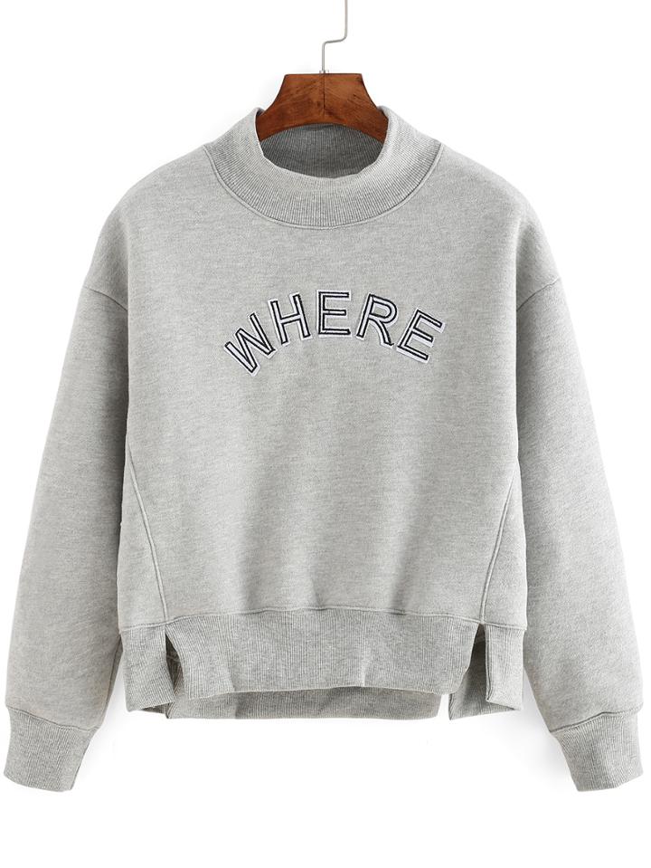 Shein Grey Long Sleeve Letter Print High Neck Sweatshirt