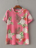 Shein Pink Round Neck Floral Applique T-shirt