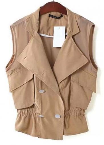 Rosewe Loose Double Breasted Sleeveless Button Closure Khaki Vest