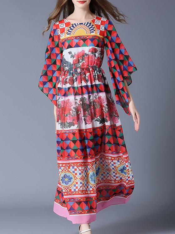 Shein Multicolor Bell Sleeve Tribal Print Maxi Dress