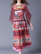 Shein Multicolor Bell Sleeve Tribal Print Maxi Dress