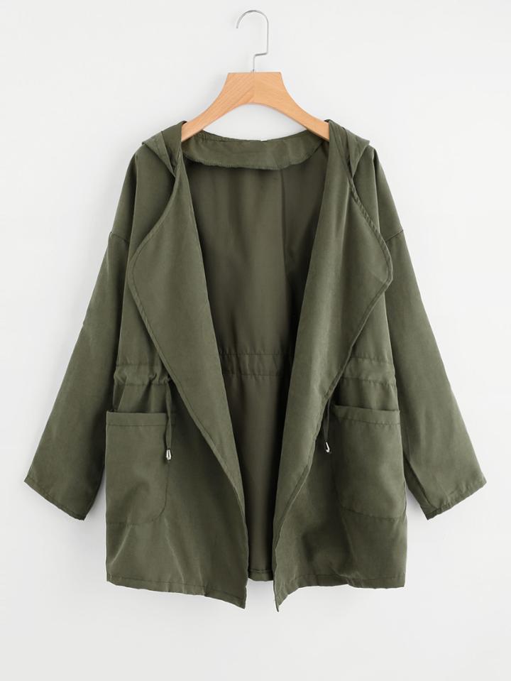 Shein Dual Pocket Drawstring Waist Hooded Coat